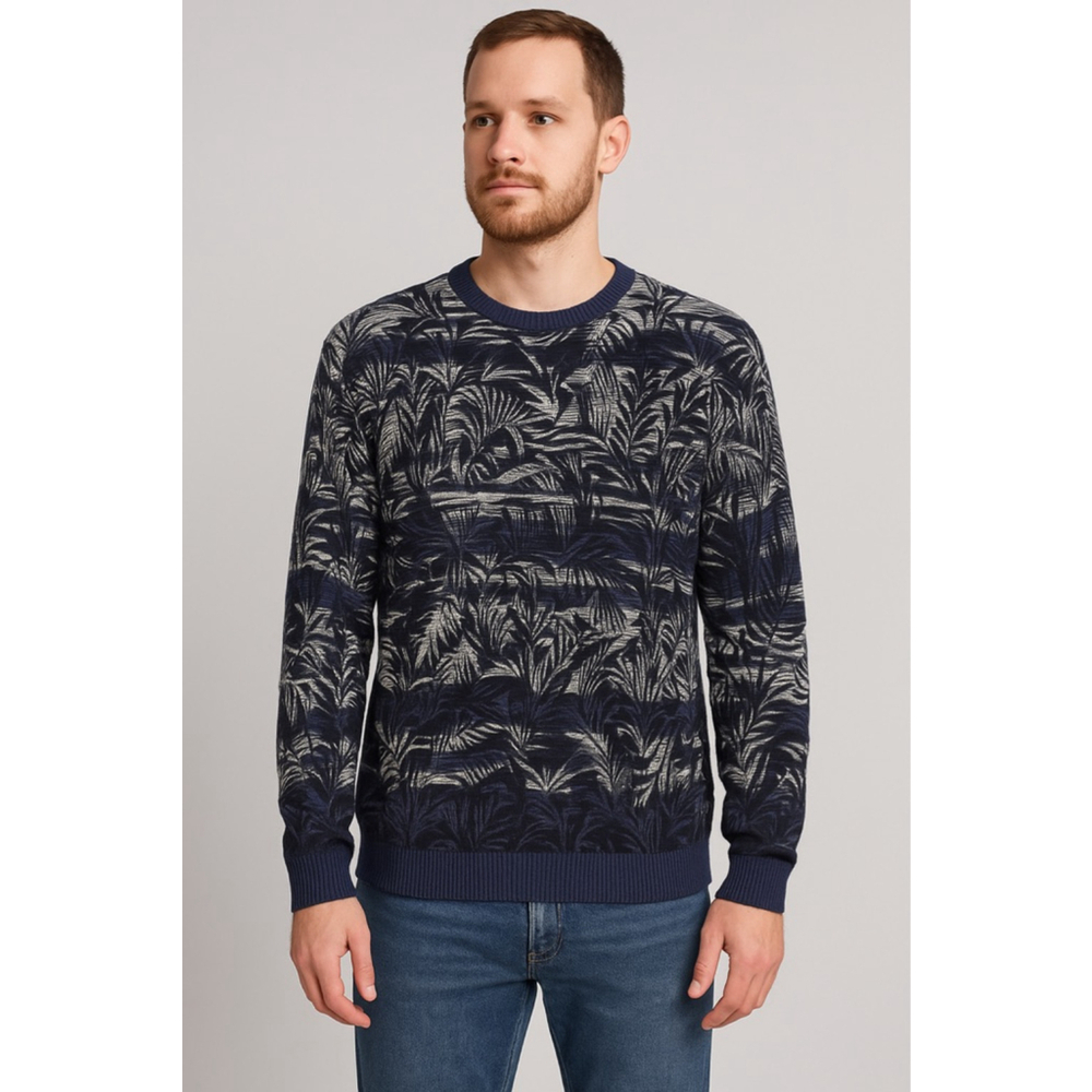 Cubavera Men’s Cotton Sweater L Large Tropical Palm Leaf Knit Blue White Crewnec